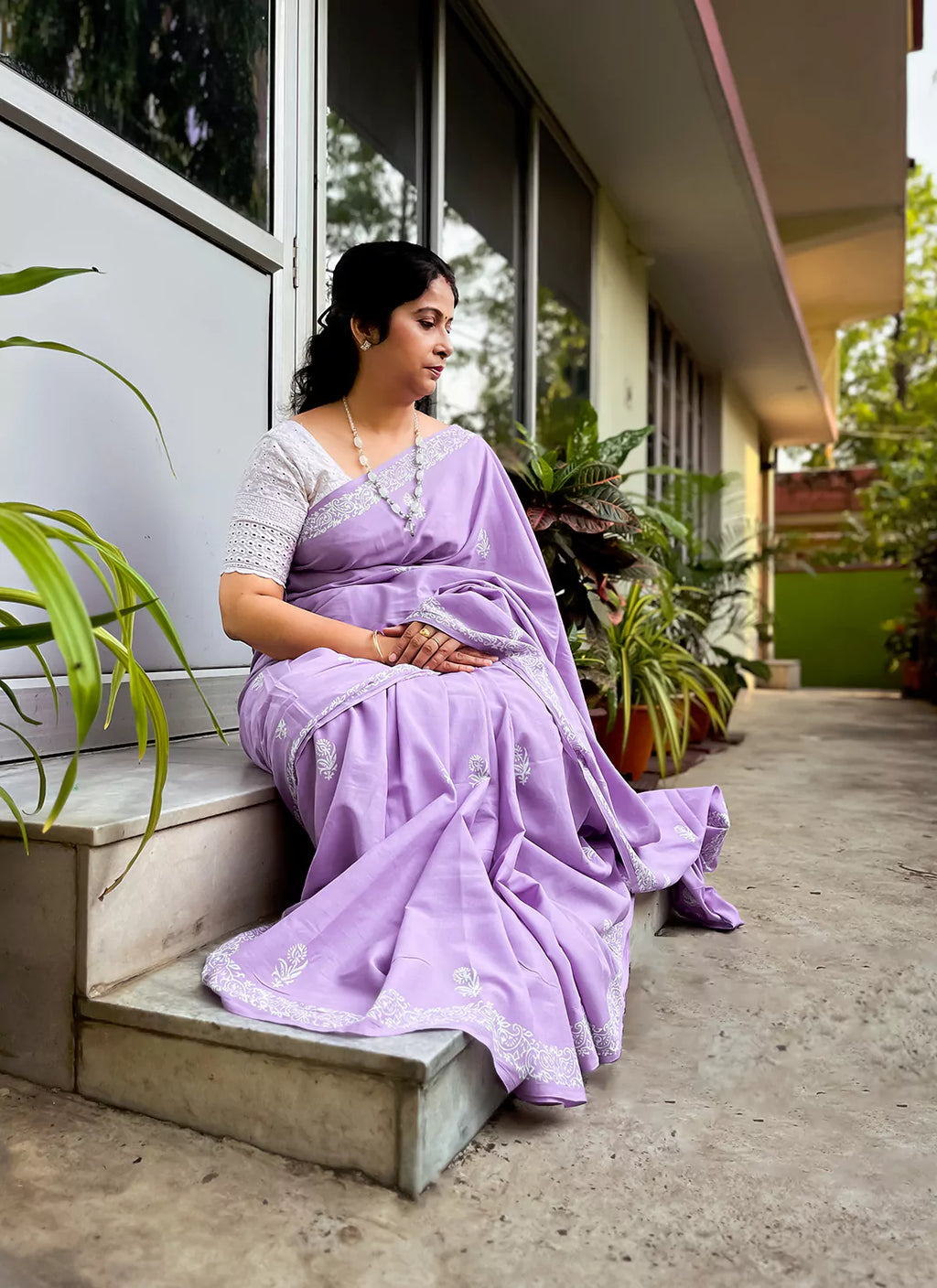 Dabu Hand Block Print Mul Cotton Saree in Lavender  TREEVESTO