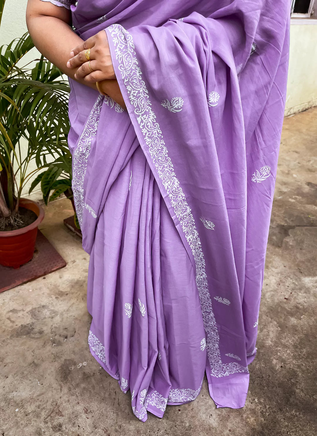 Dabu Hand Block Print Mul Cotton Saree in Lavender  TREEVESTO