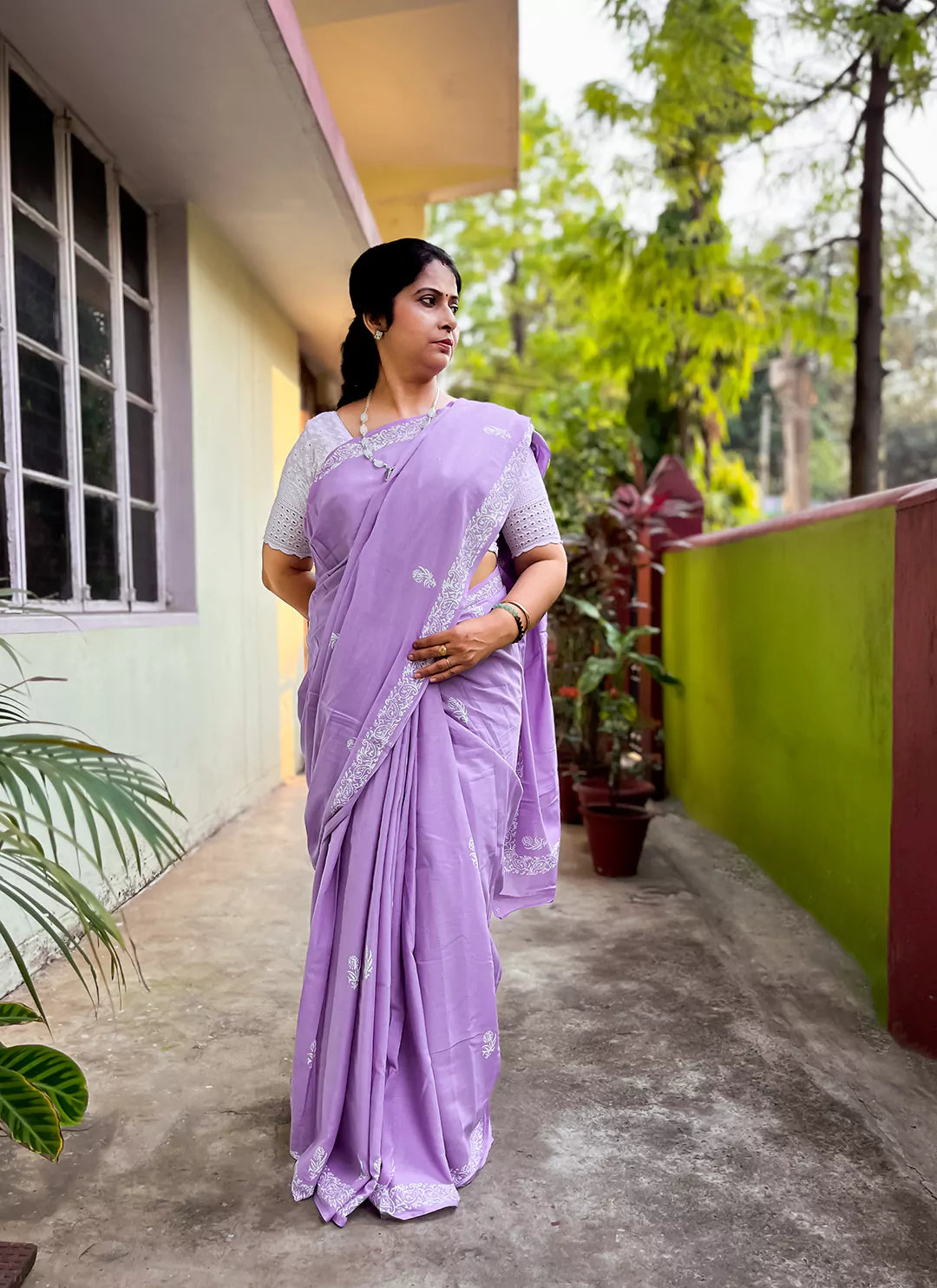 Dabu Hand Block Print Mul Cotton Saree in Lavender  TREEVESTO