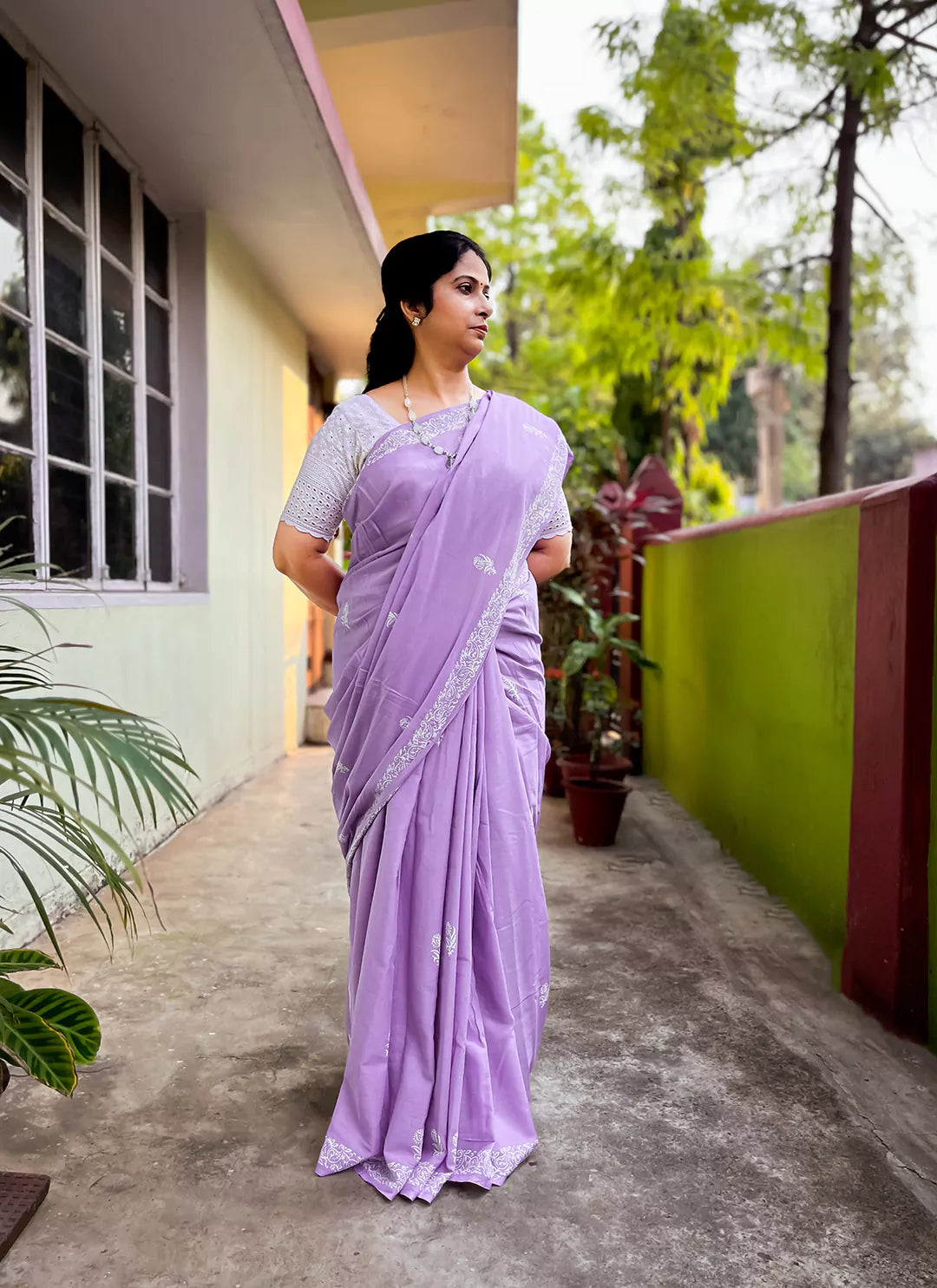 Dabu Hand Block Print Mul Cotton Saree in Lavender  TREEVESTO