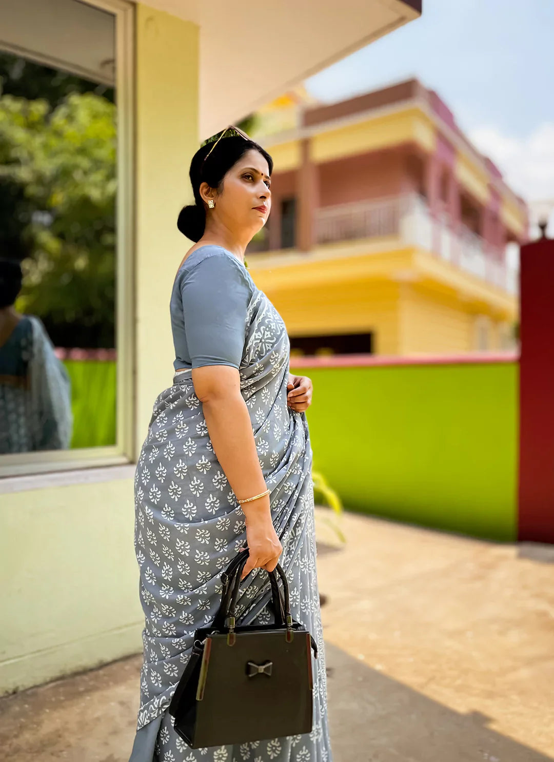 Dabu Hand Block Print Grey Pure Mul Cotton Saree treevesto