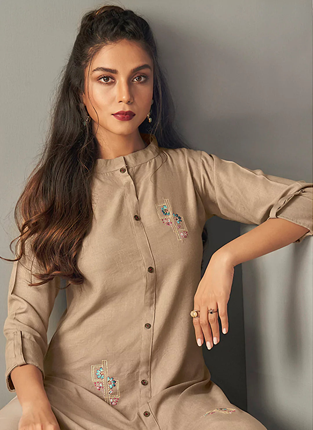 Embroidered Beige Viscose -Line Kurta treevesto