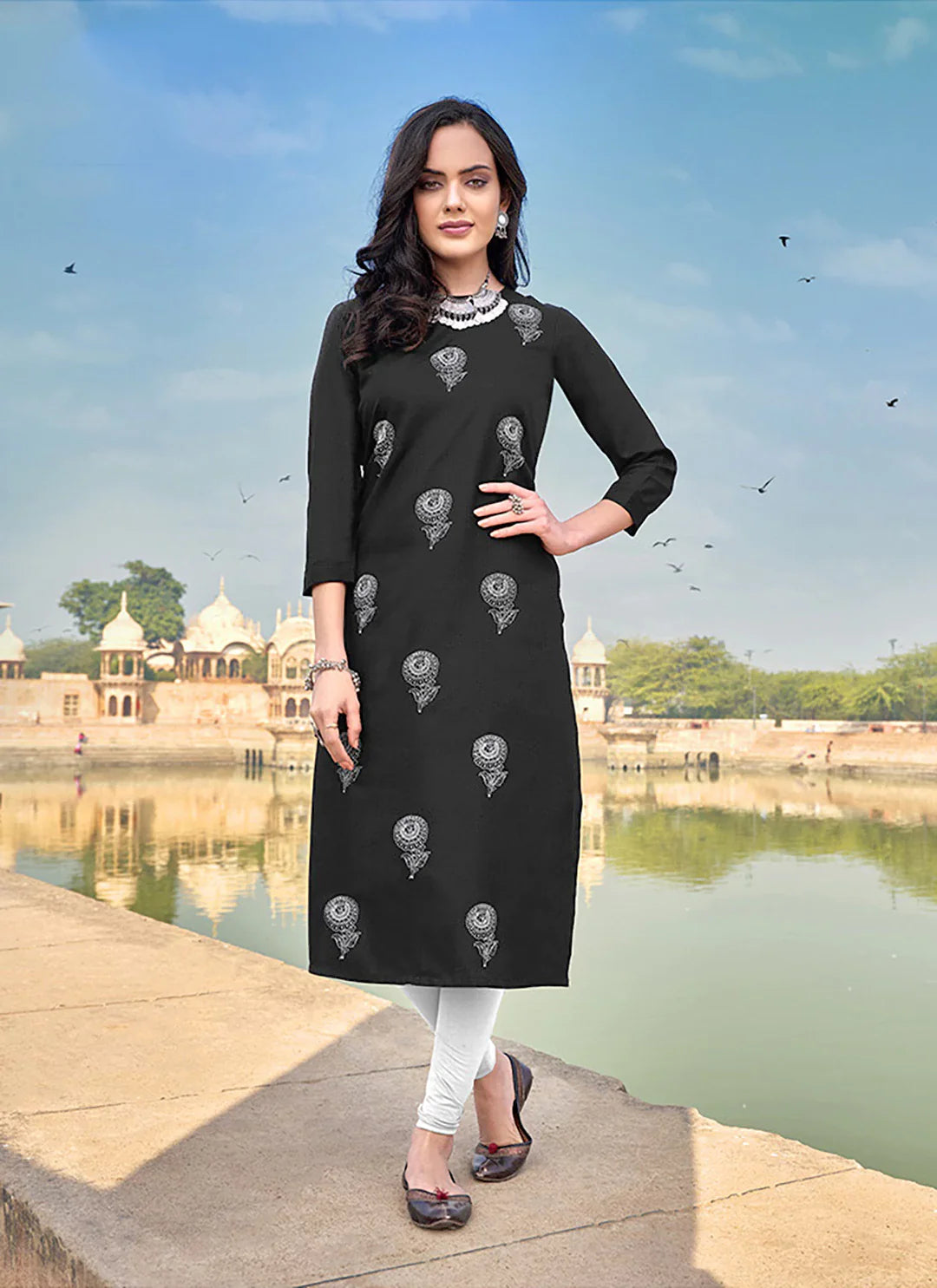 Embroidered Black Cotton Silk Straight Kurta treevesto