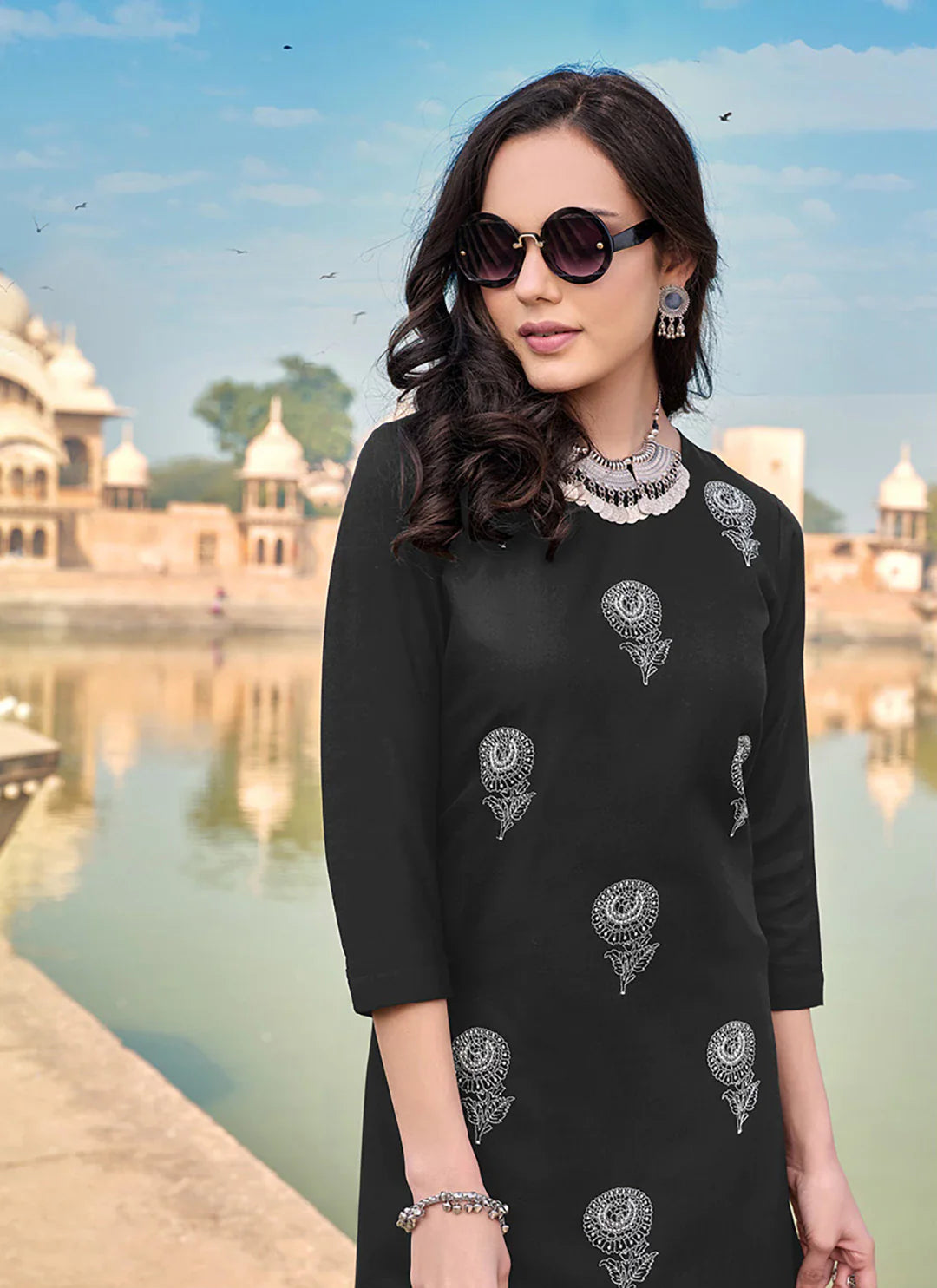 Embroidered Black Cotton Silk Straight Kurta treevesto