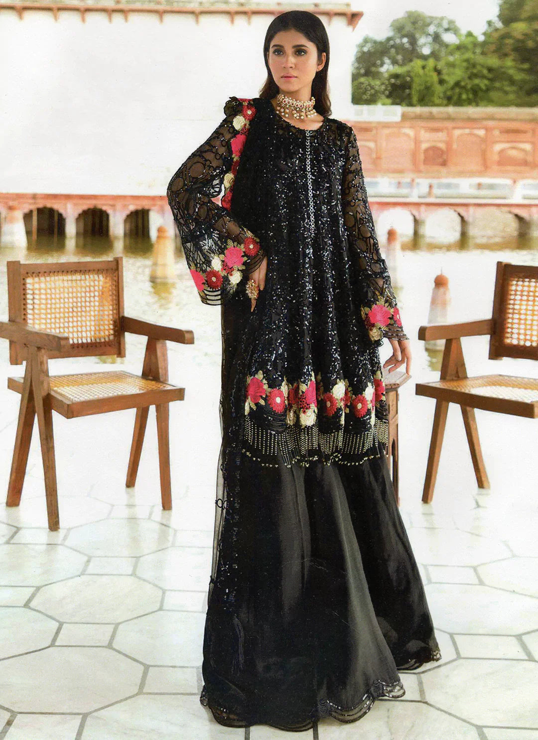 Black Designer Semi Stitched Suit treevesto