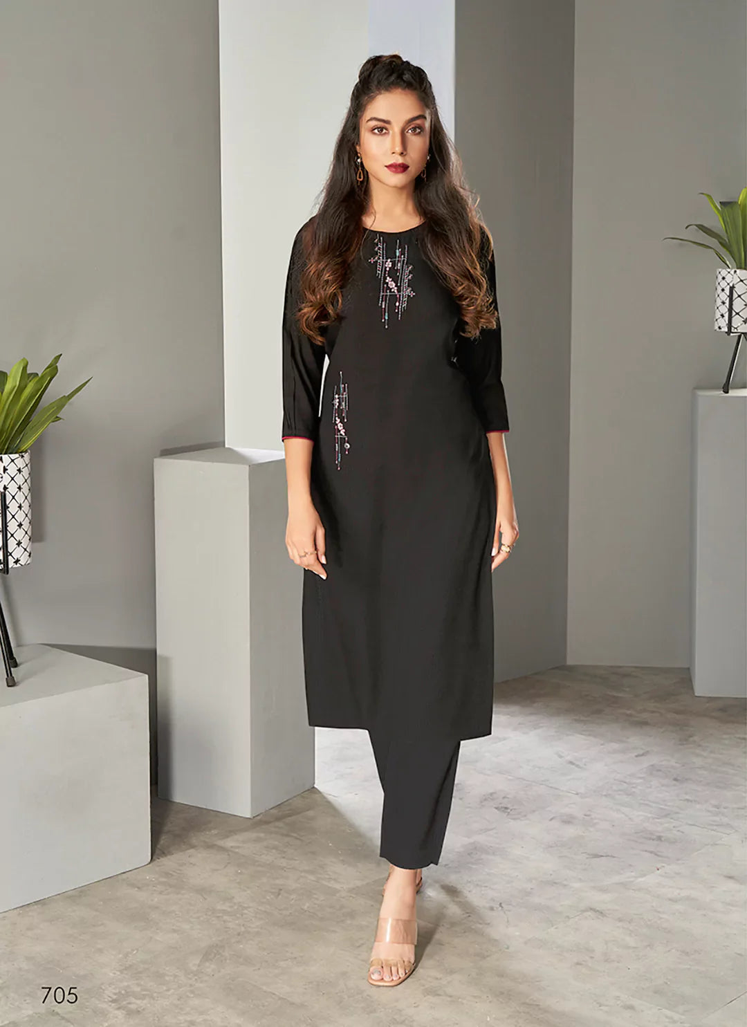 Embroidered Black Viscose A-Line Kurta treevesto
