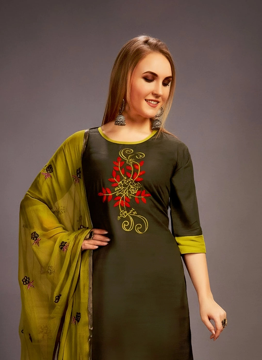 Embroidered Green Full Suit Set With Kurta Palazzo & Dupatta  TREEVESTO