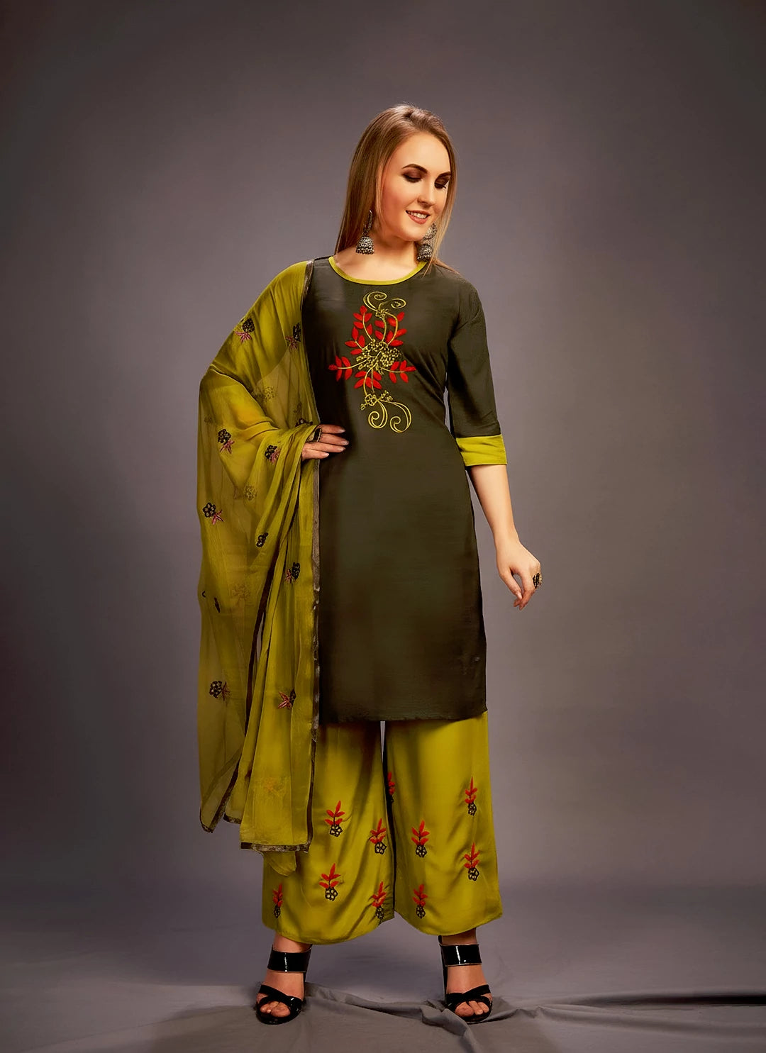 Embroidered Green Full Suit Set With Kurta Palazzo & Dupatta  TREEVESTO