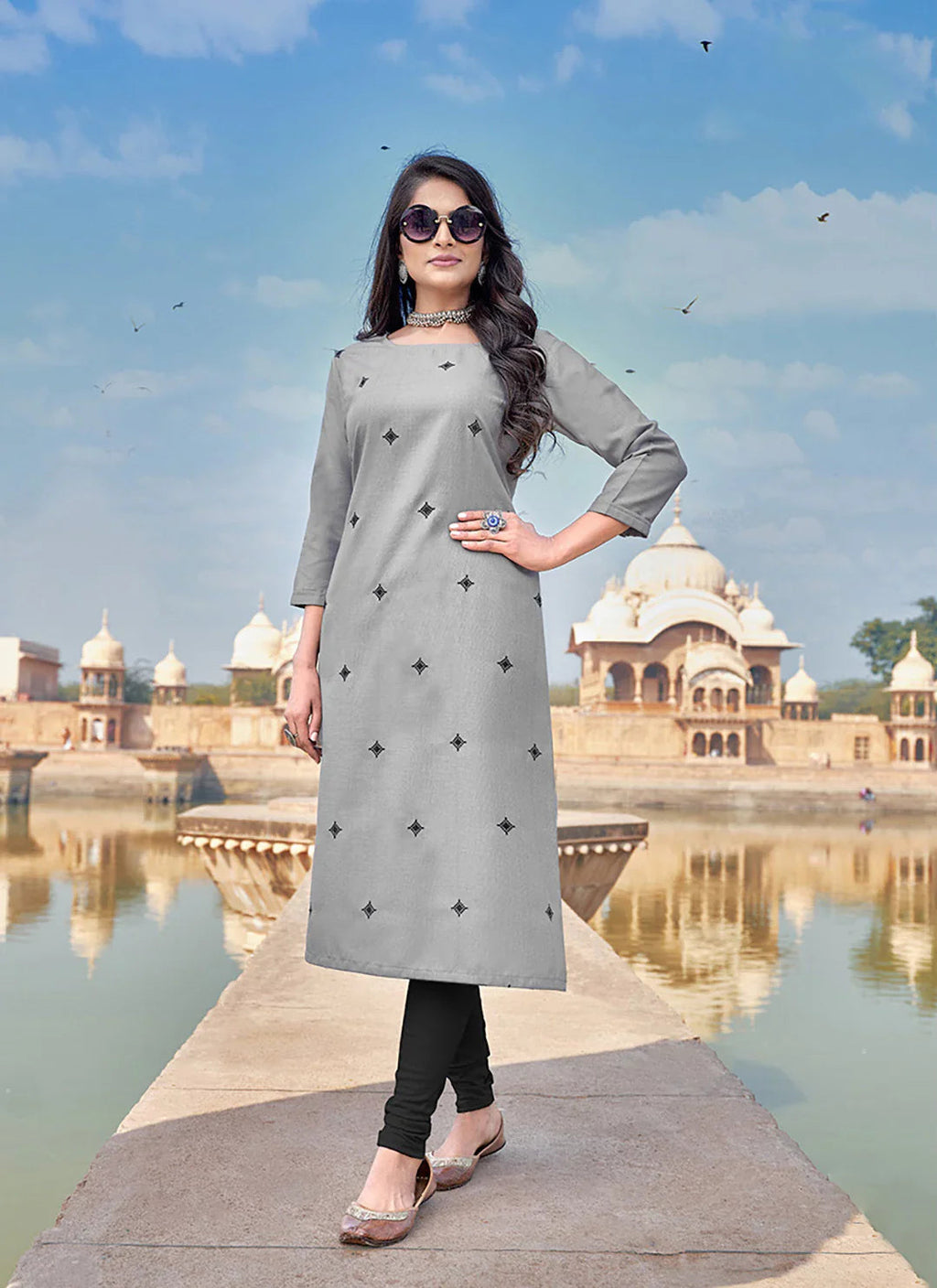 Embroidered Grey Cotton Silk Straight Kurta treevesto