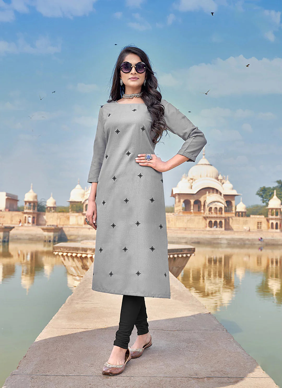 Embroidered Grey Cotton Silk Straight Kurta treevesto