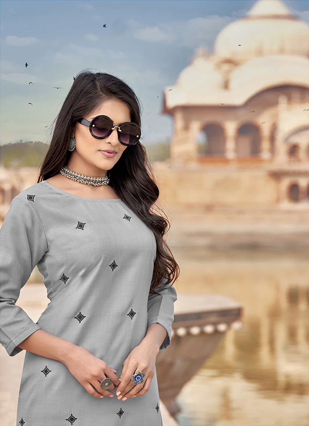Embroidered Grey Cotton Silk Straight Kurta treevesto