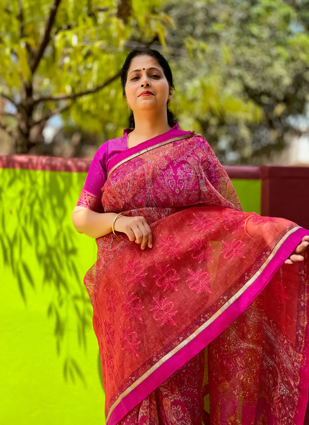 Embroidered Magenta Pink Kota Saree - TREEVESTO