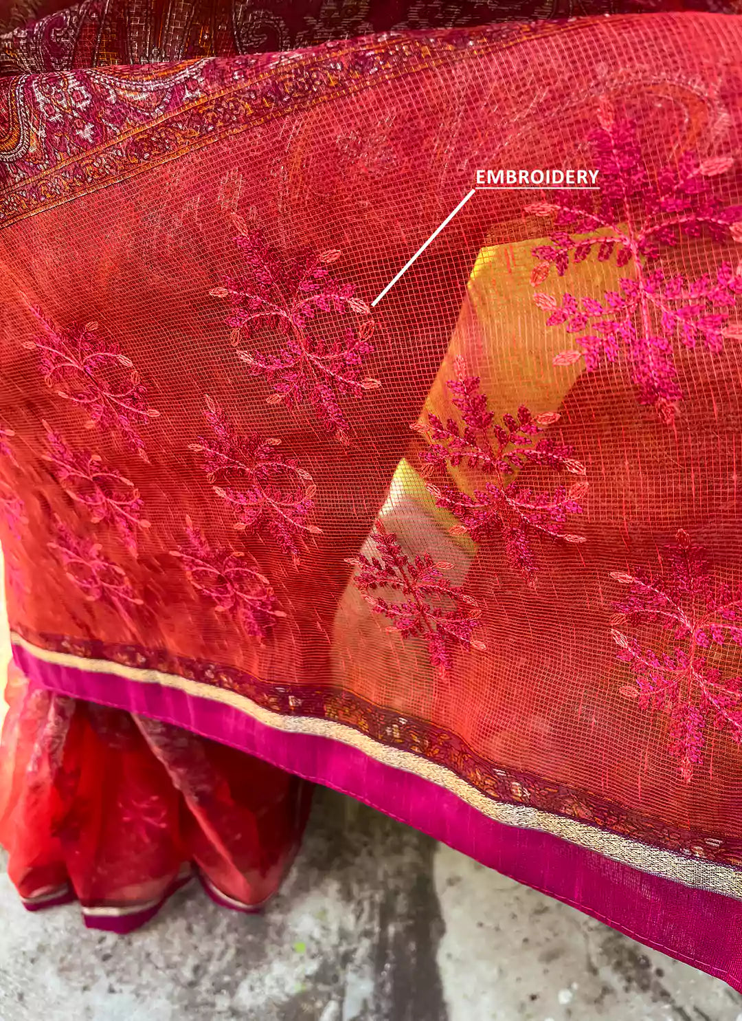 Embroidered Magenta Pink Kota Saree - TREEVESTO