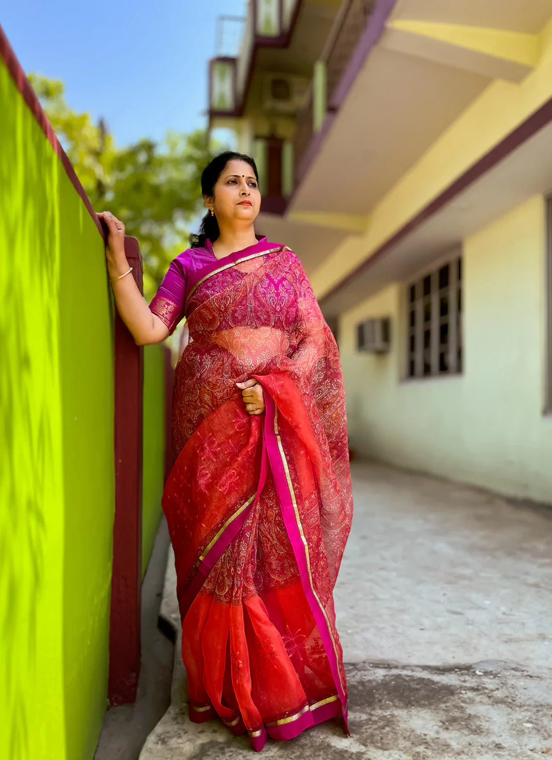 Embroidered Magenta Pink Kota Saree - TREEVESTO