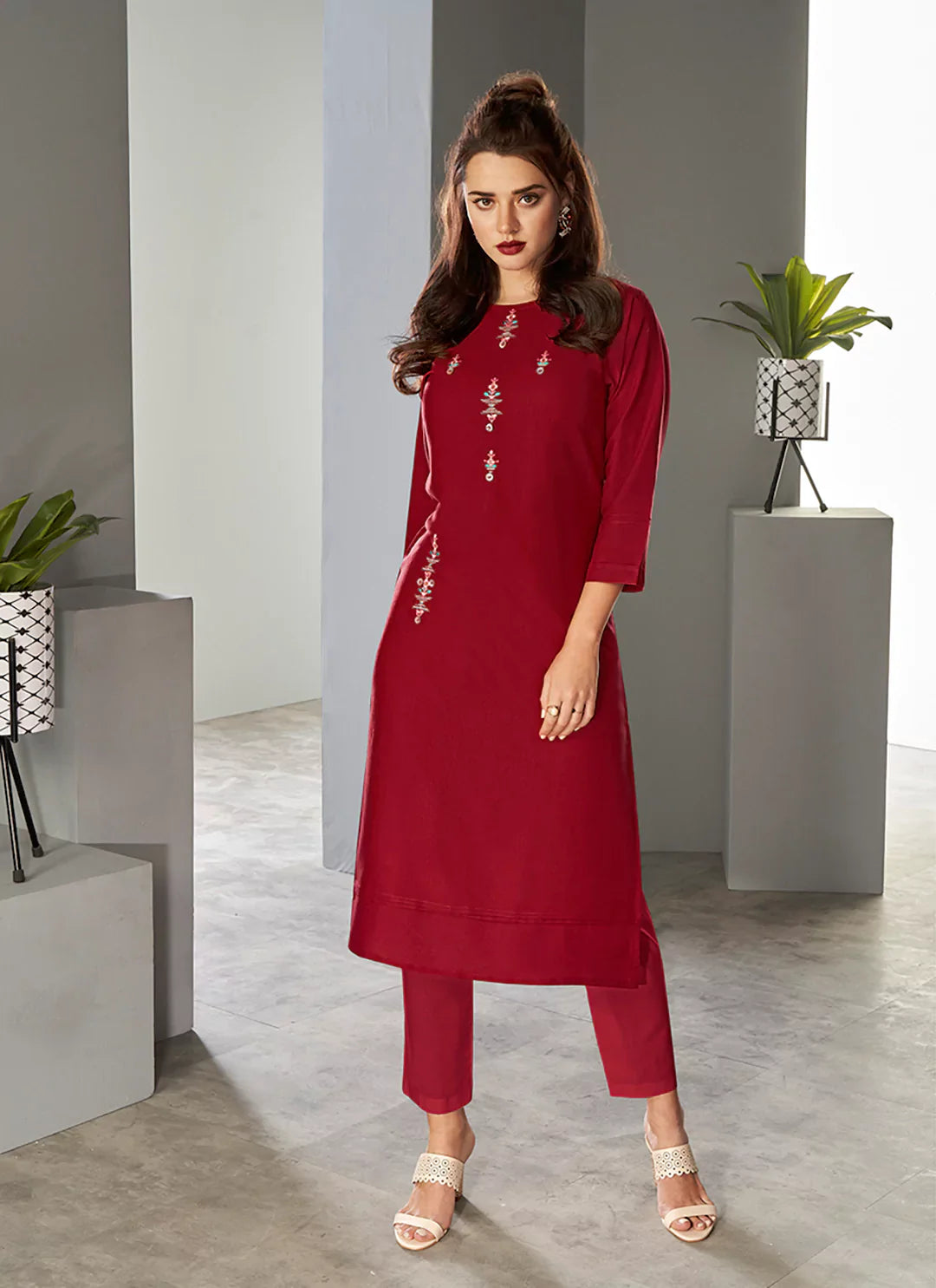 Embroidered Maroon Viscose A-Line Kurta treevesto