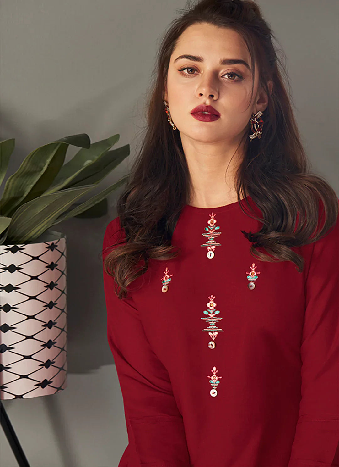 Embroidered Maroon Viscose A-Line Kurta treevesto