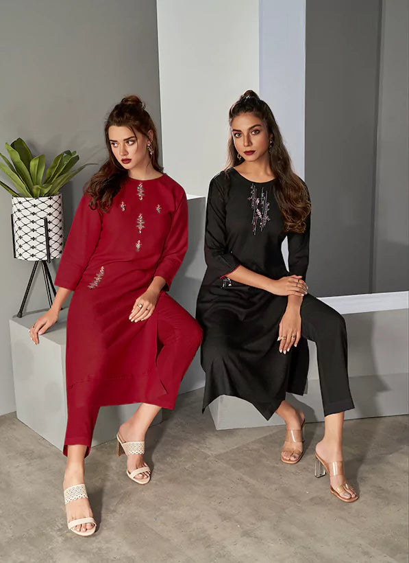 Embroidered Maroon Viscose A-Line Kurta treevesto