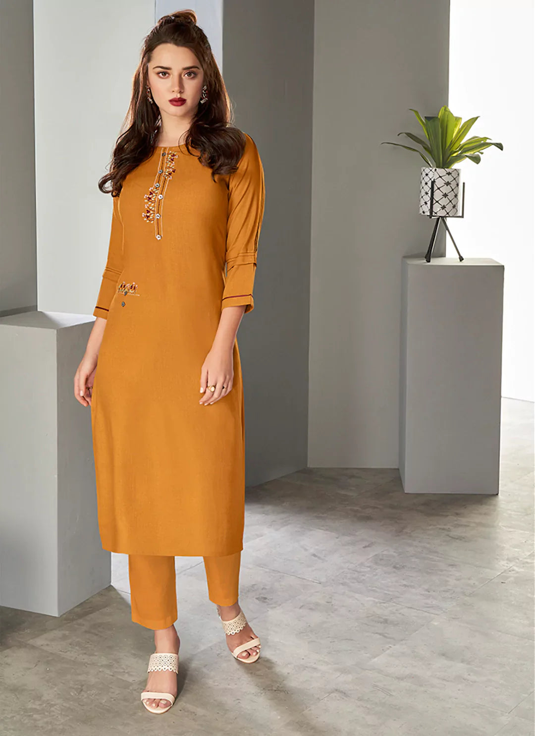 Embroidered Mustard Yellow Viscose A-Line Kurta treevesto
