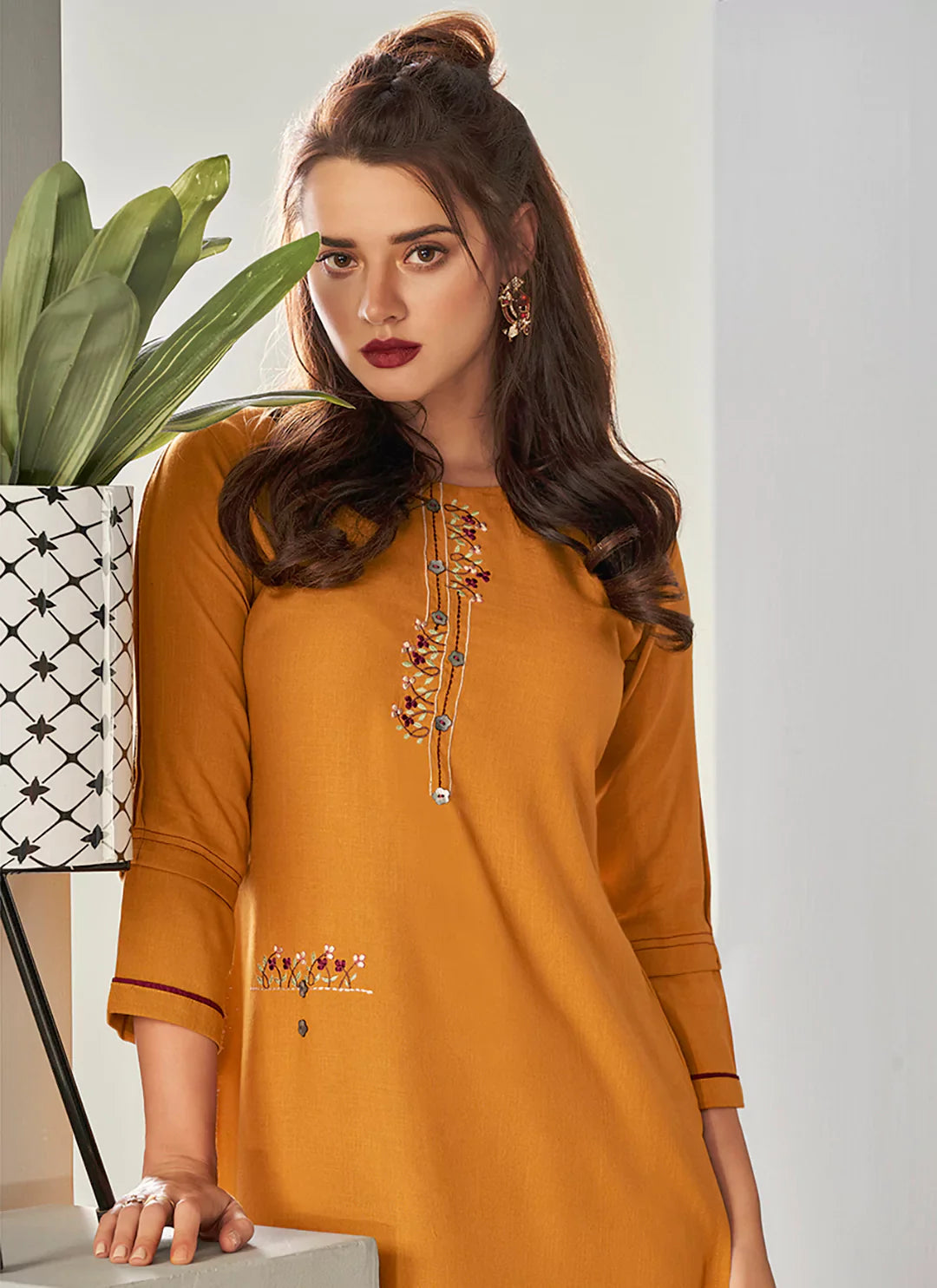 Embroidered Mustard Yellow Viscose A-Line Kurta treevesto