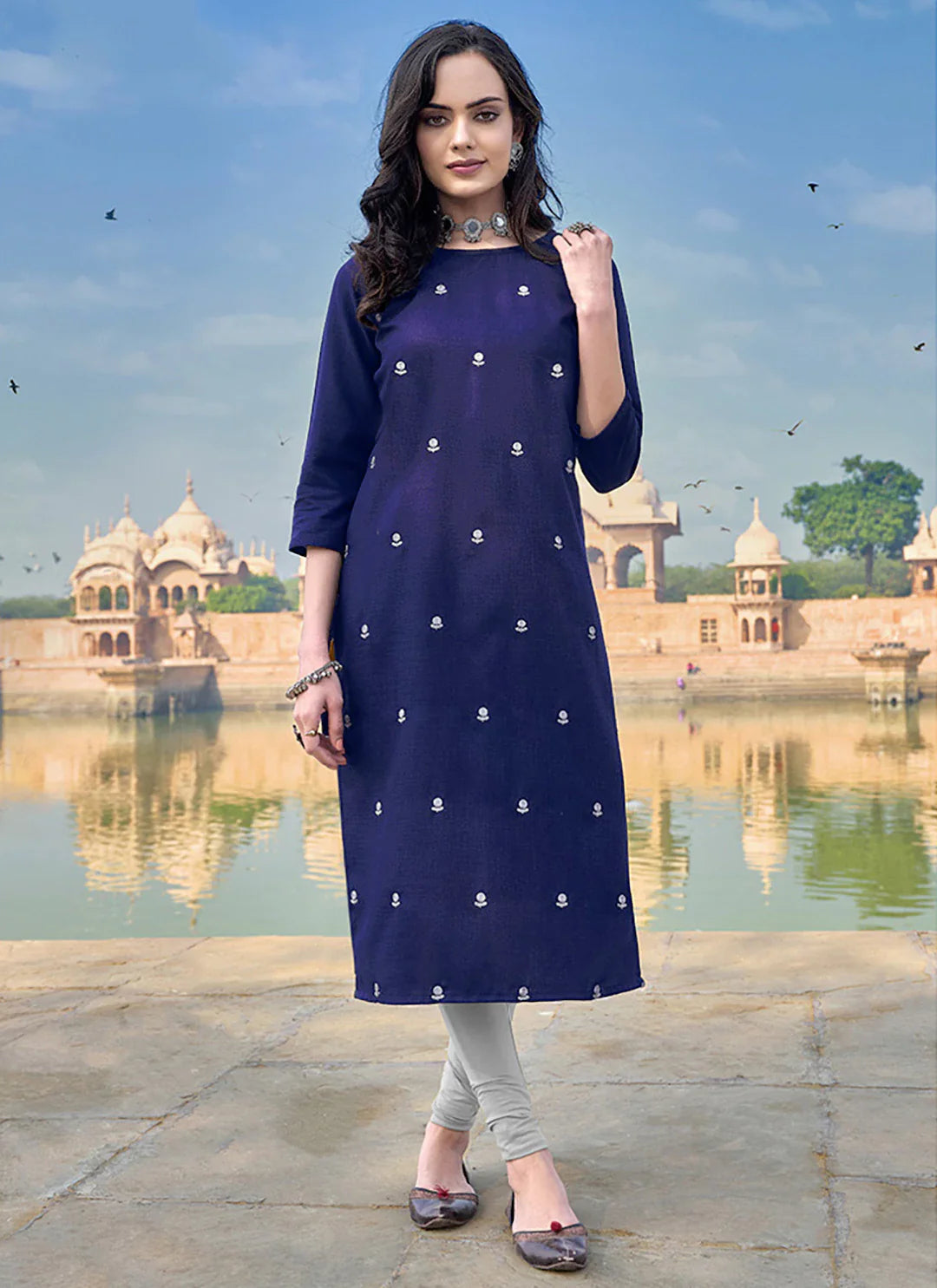Embroidered Navy Blue Cotton Silk Straight Kurta treevesto