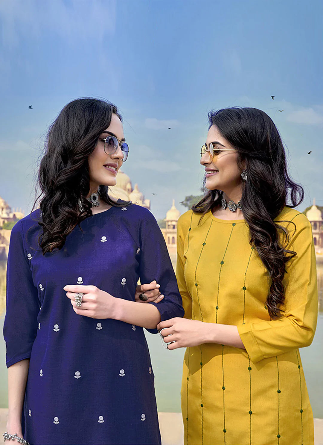 Embroidered Navy Blue Cotton Silk Straight Kurta treevesto