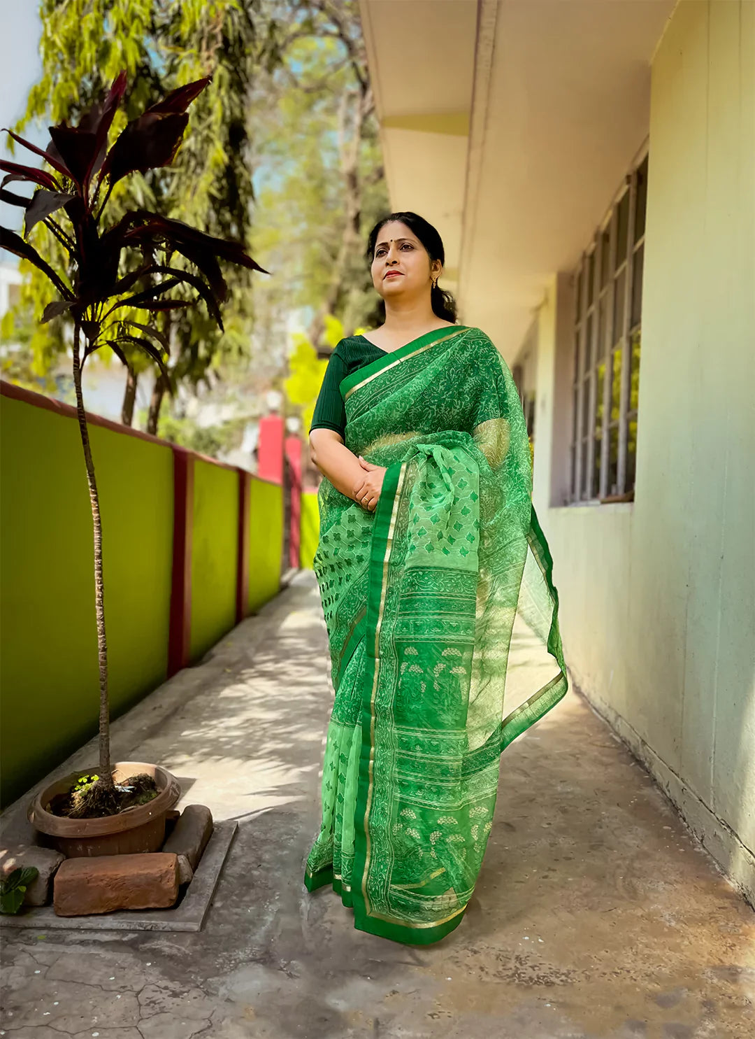 Embroidered Parrot Green Kota Saree - TREEVESTO