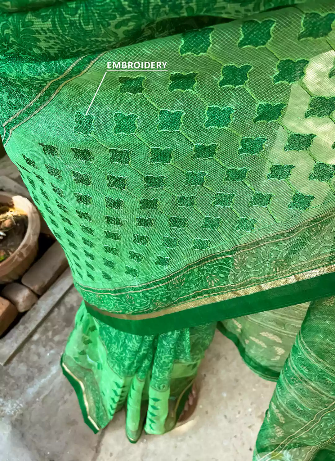 Embroidered Parrot Green Kota Saree - TREEVESTO