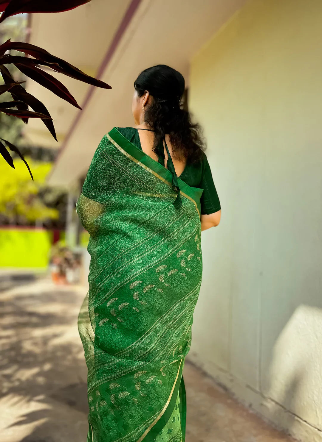 Embroidered Parrot Green Kota Saree - TREEVESTO