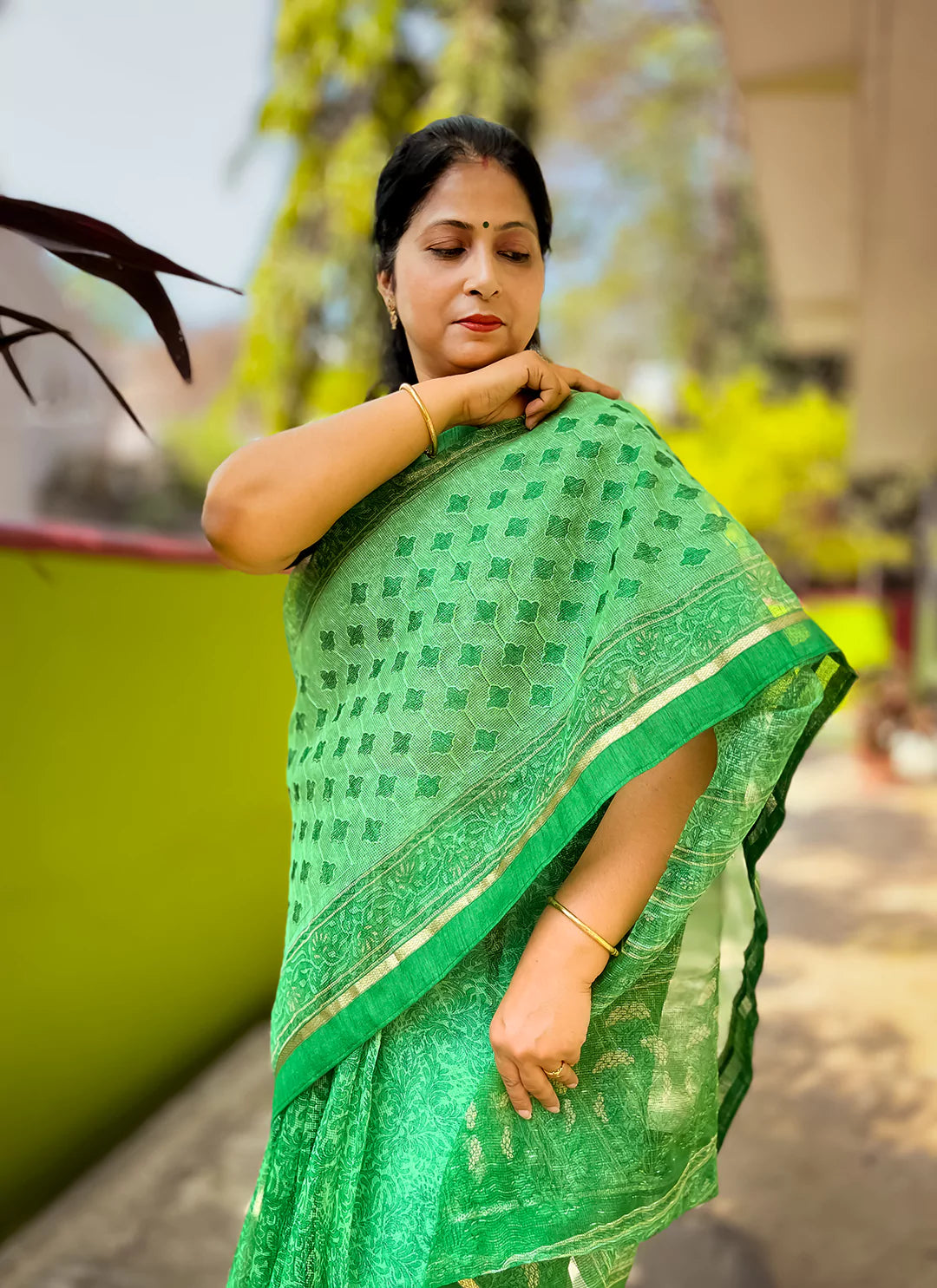 Embroidered Parrot Green Kota Saree - TREEVESTO