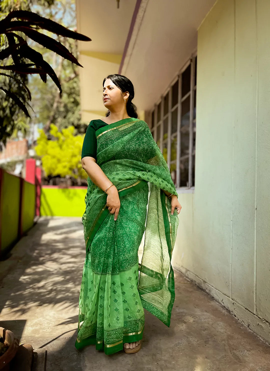 Embroidered Parrot Green Kota Saree - TREEVESTO