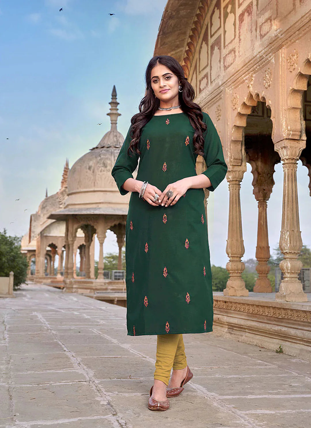 Embroidered Pine Green Cotton Silk Straight Kurta treevesto
