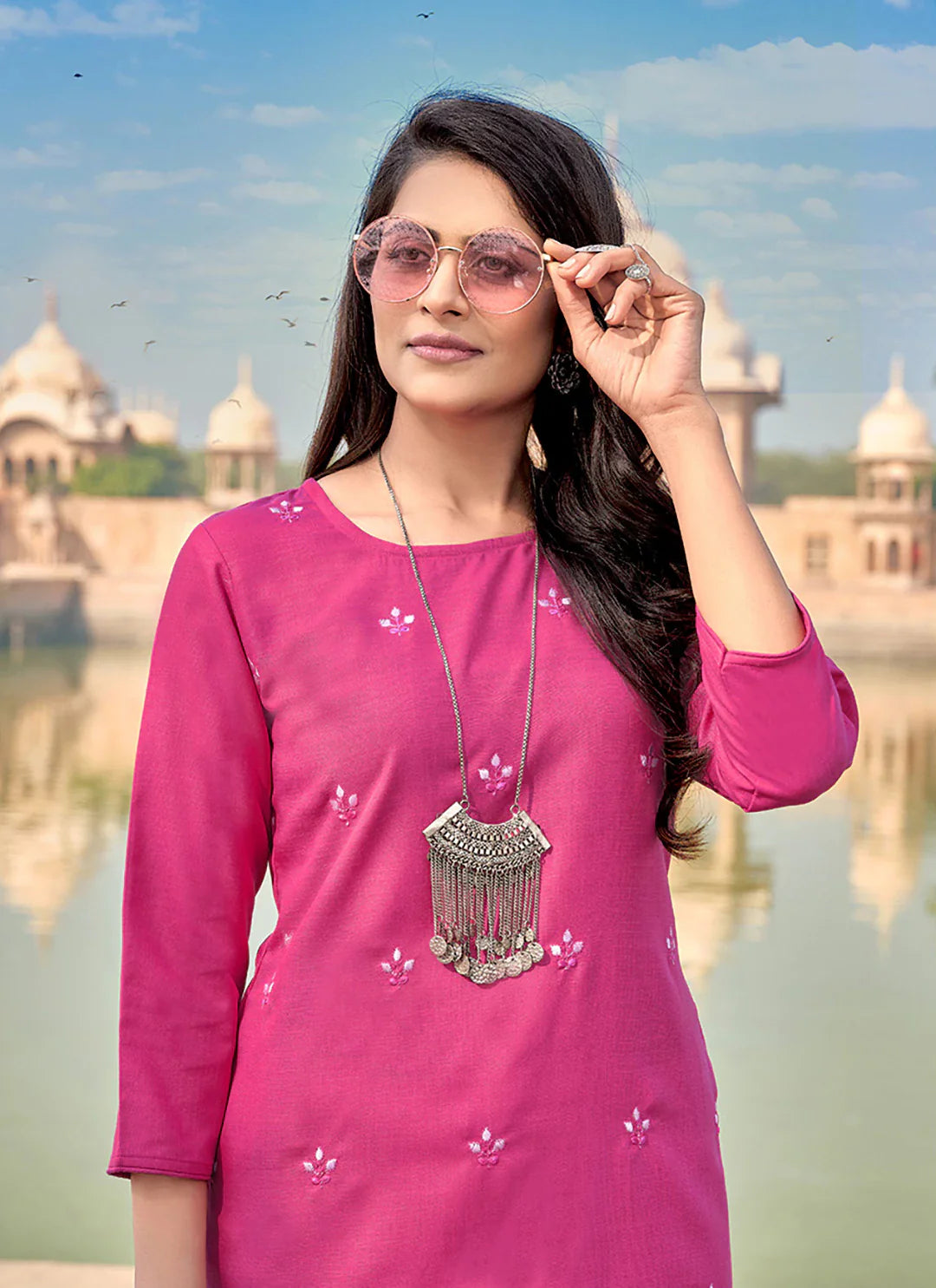 Embroidered Pink Cotton Silk Straight Kurta treevesto