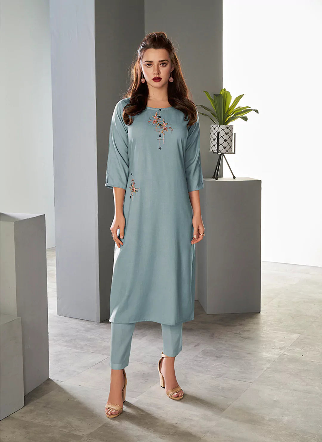 Embroidered Powder Blue Viscose A-Line Kurta treevesto