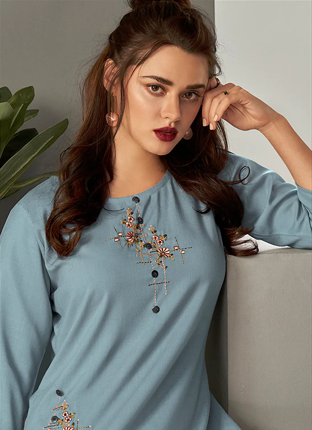 Embroidered Powder Blue Viscose A-Line Kurta treevesto