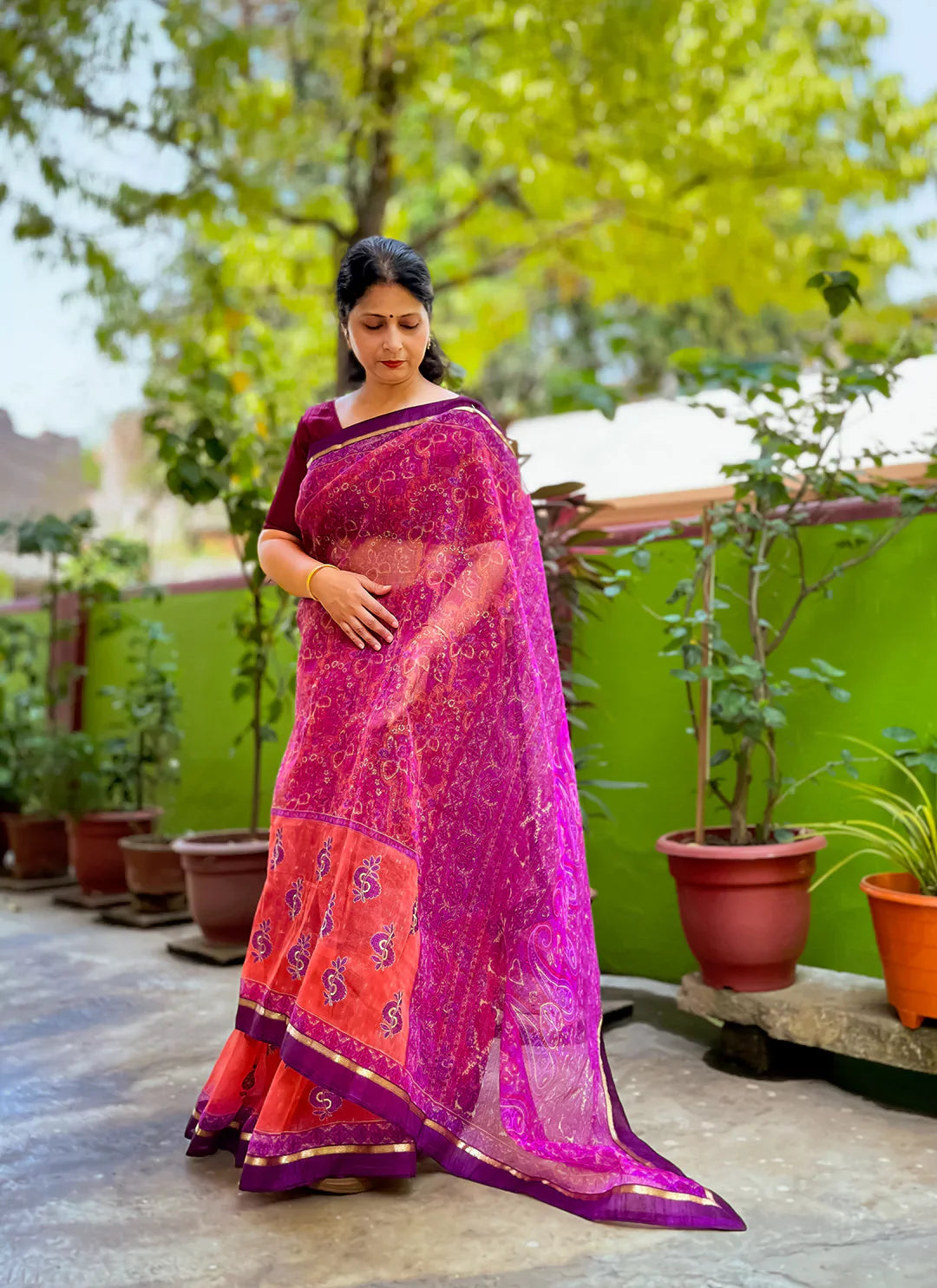 Embroidered Purple & Peach Kota Saree - TREEVESTO
