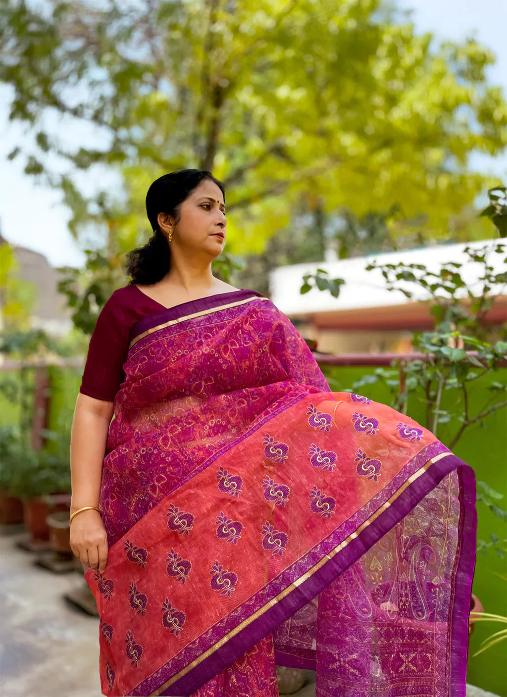 Embroidered Purple & Peach Kota Saree - TREEVESTO