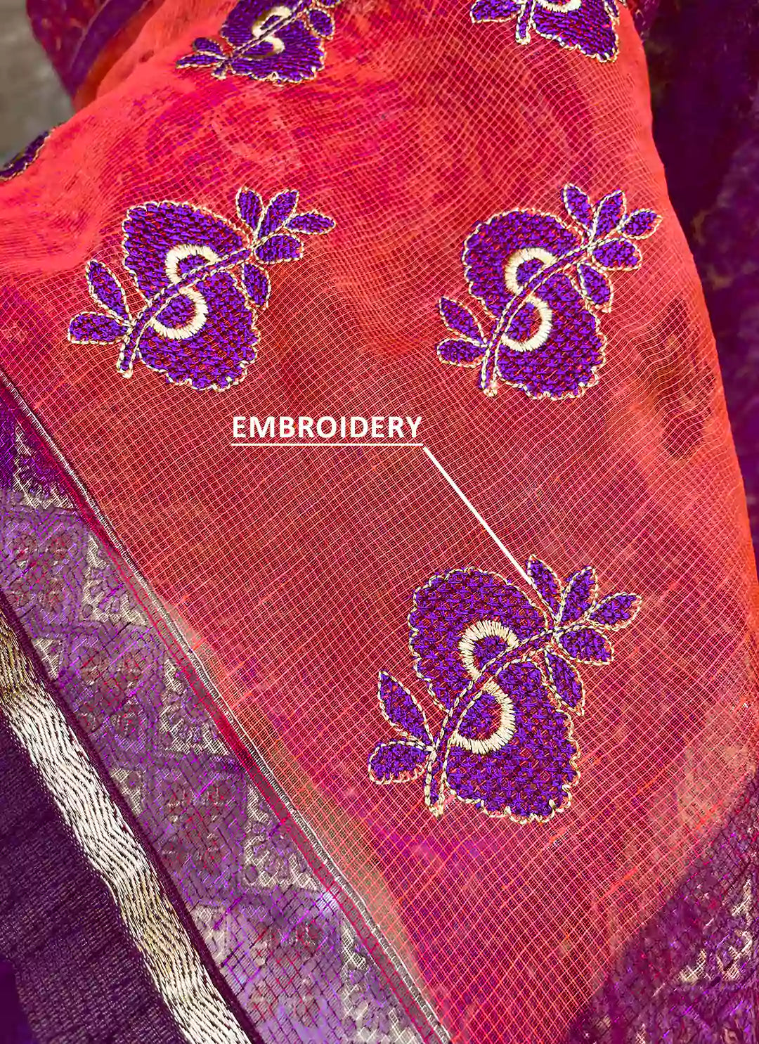 Embroidered Purple & Peach Kota Saree - TREEVESTO
