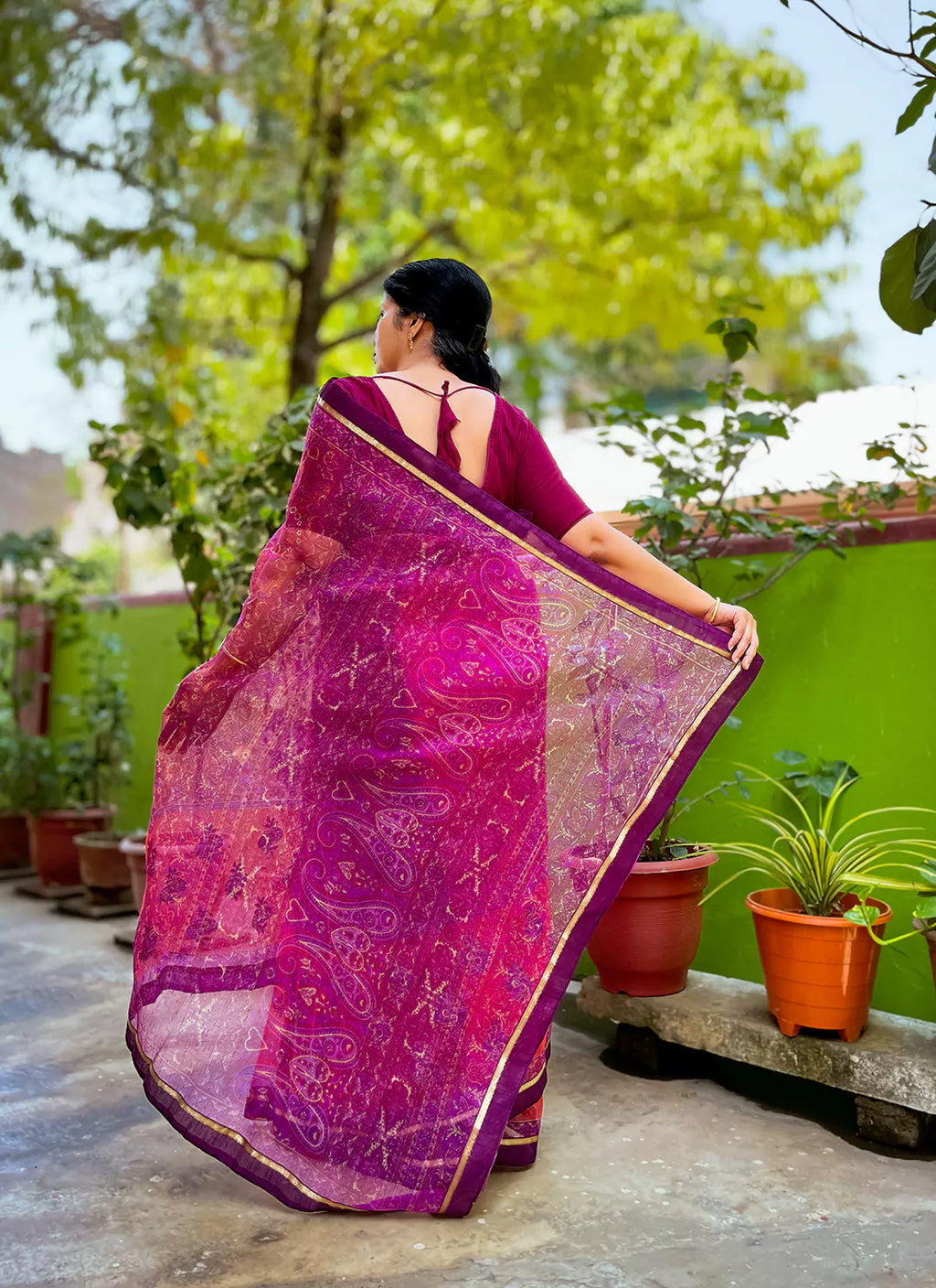 Embroidered Purple & Peach Kota Saree - TREEVESTO