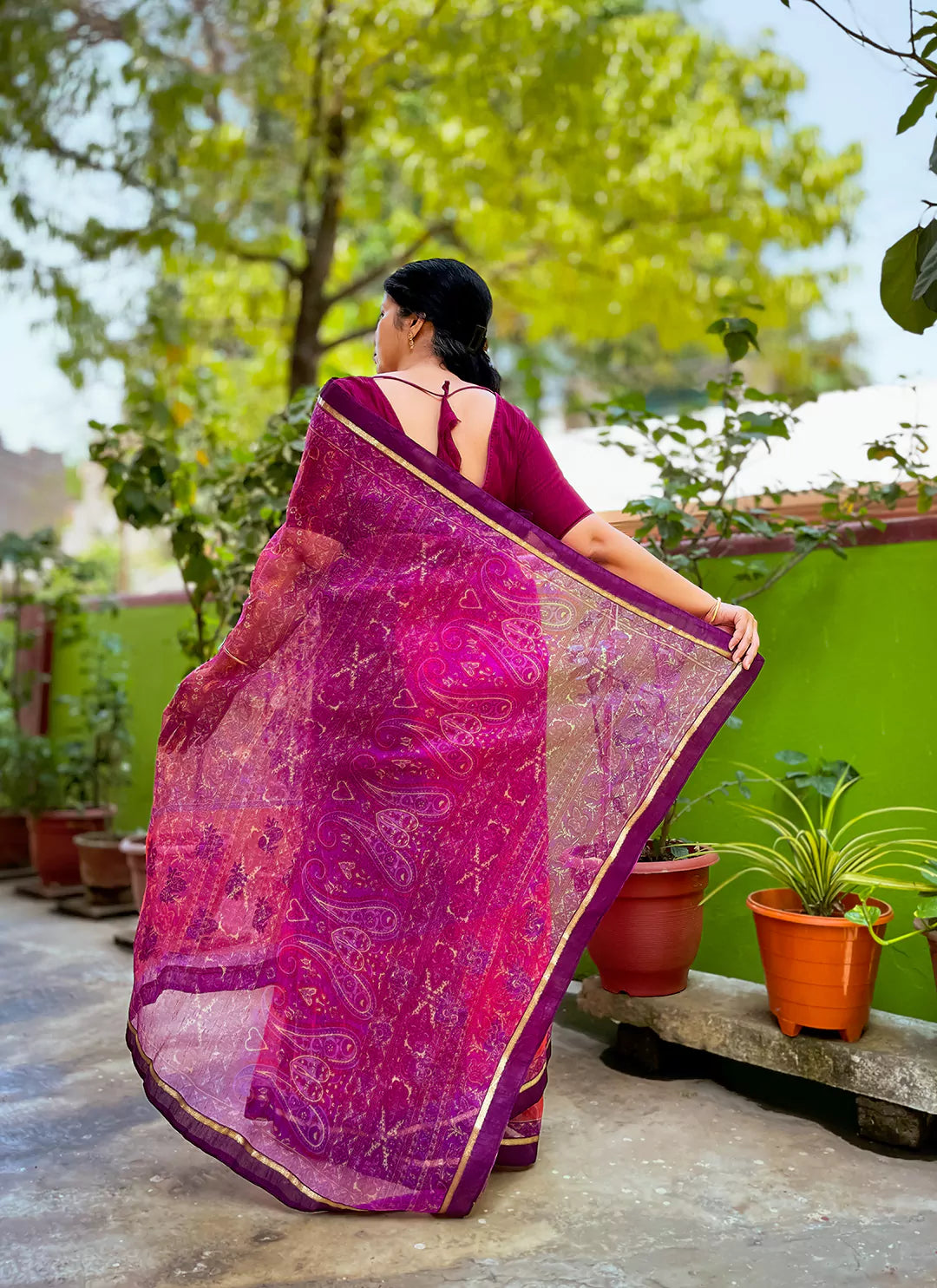 Embroidered Purple & Peach Kota Saree - TREEVESTO
