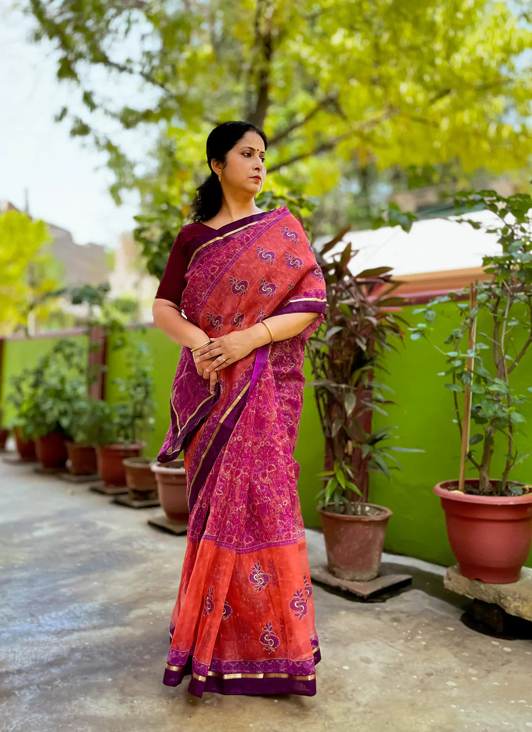 Embroidered Purple & Peach Kota Saree - TREEVESTO