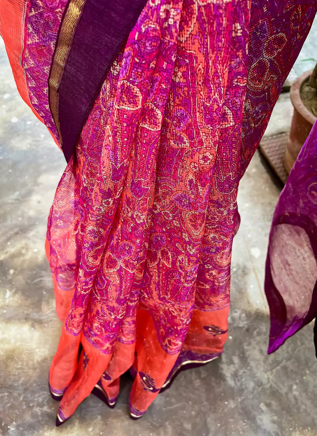 Embroidered Purple & Peach Kota Saree - TREEVESTO