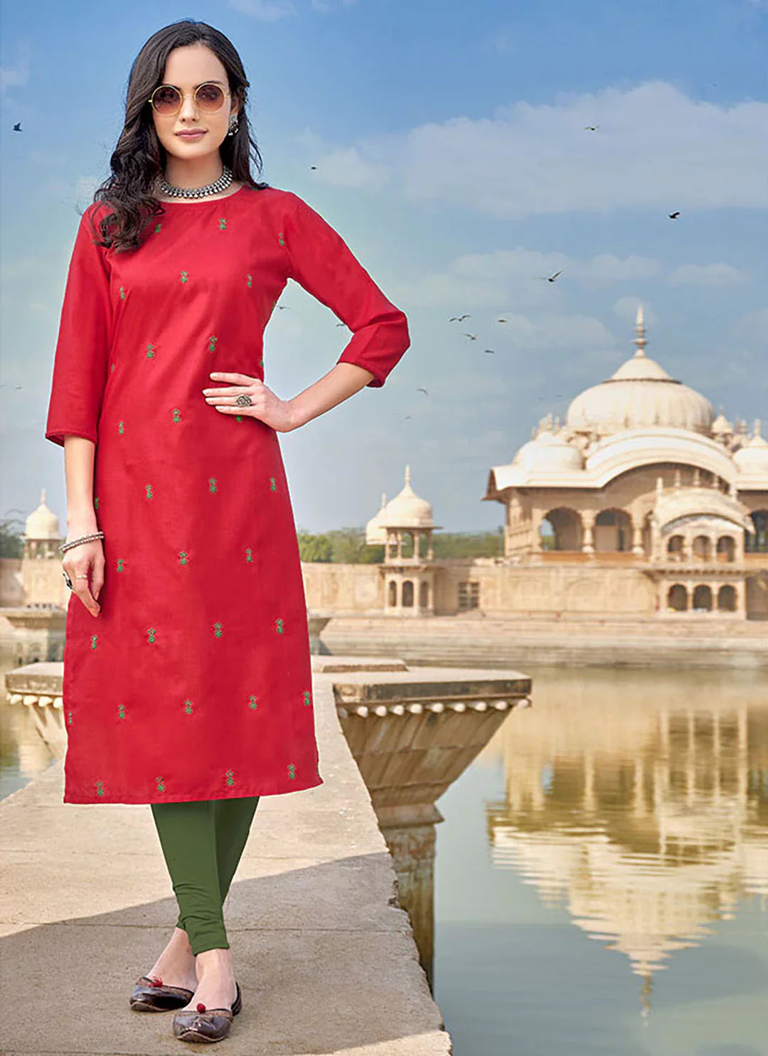 Embroidered Red Cotton Silk Straight Kurta treevesto