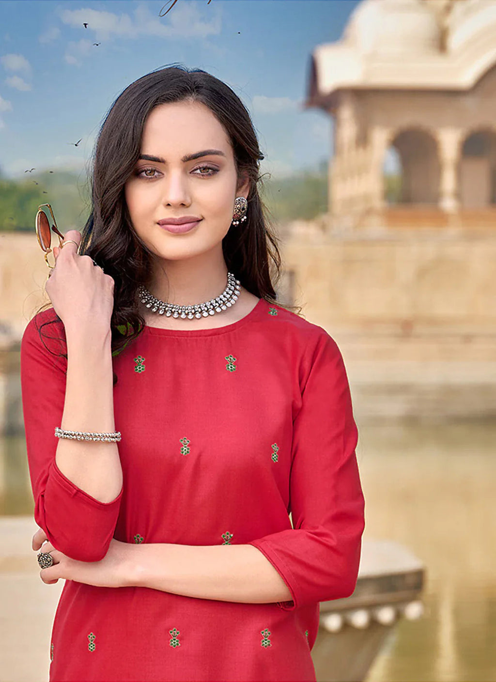 Embroidered Red Cotton Silk Straight Kurta treevesto