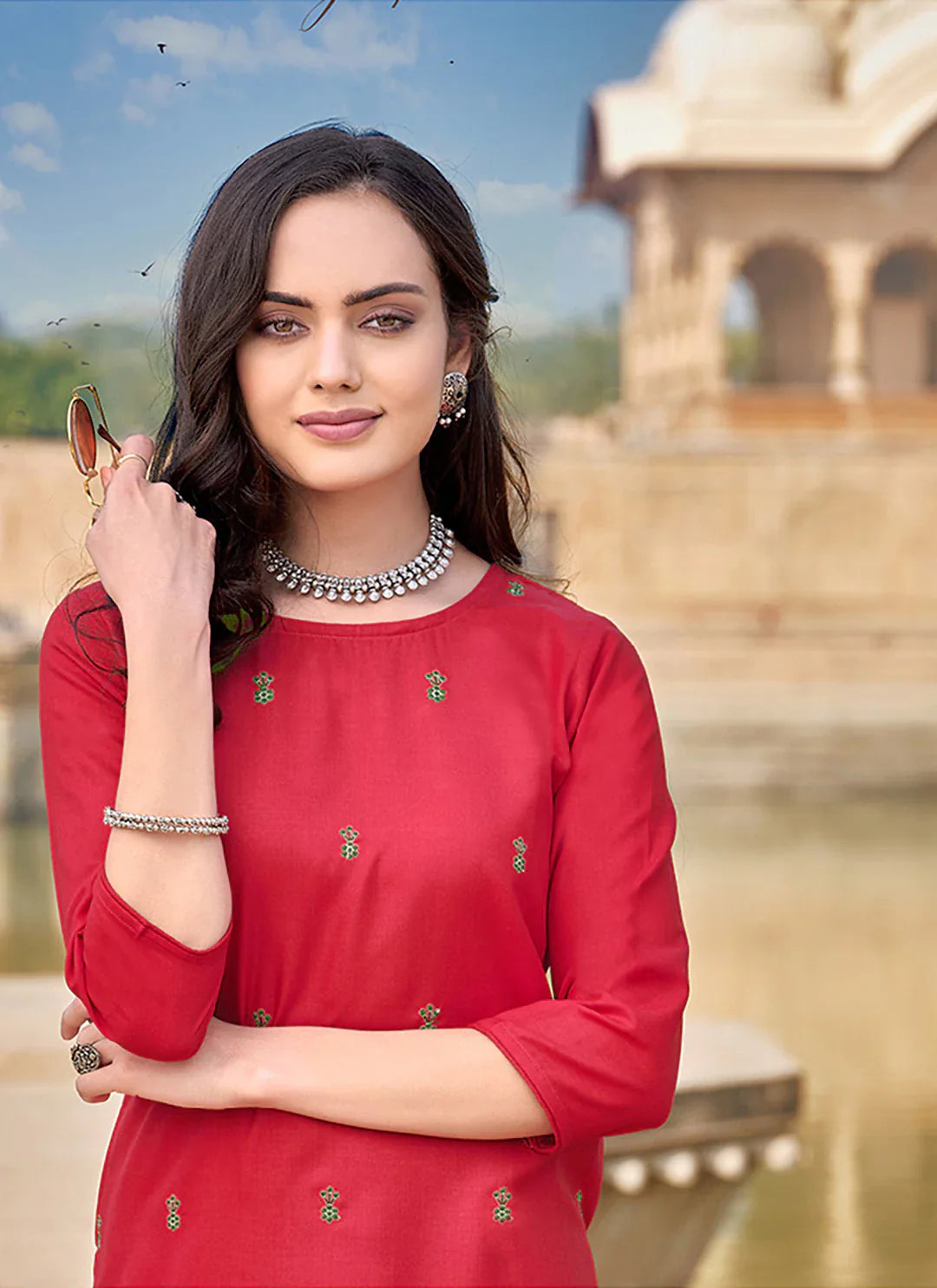 Embroidered Red Cotton Silk Straight Kurta treevesto