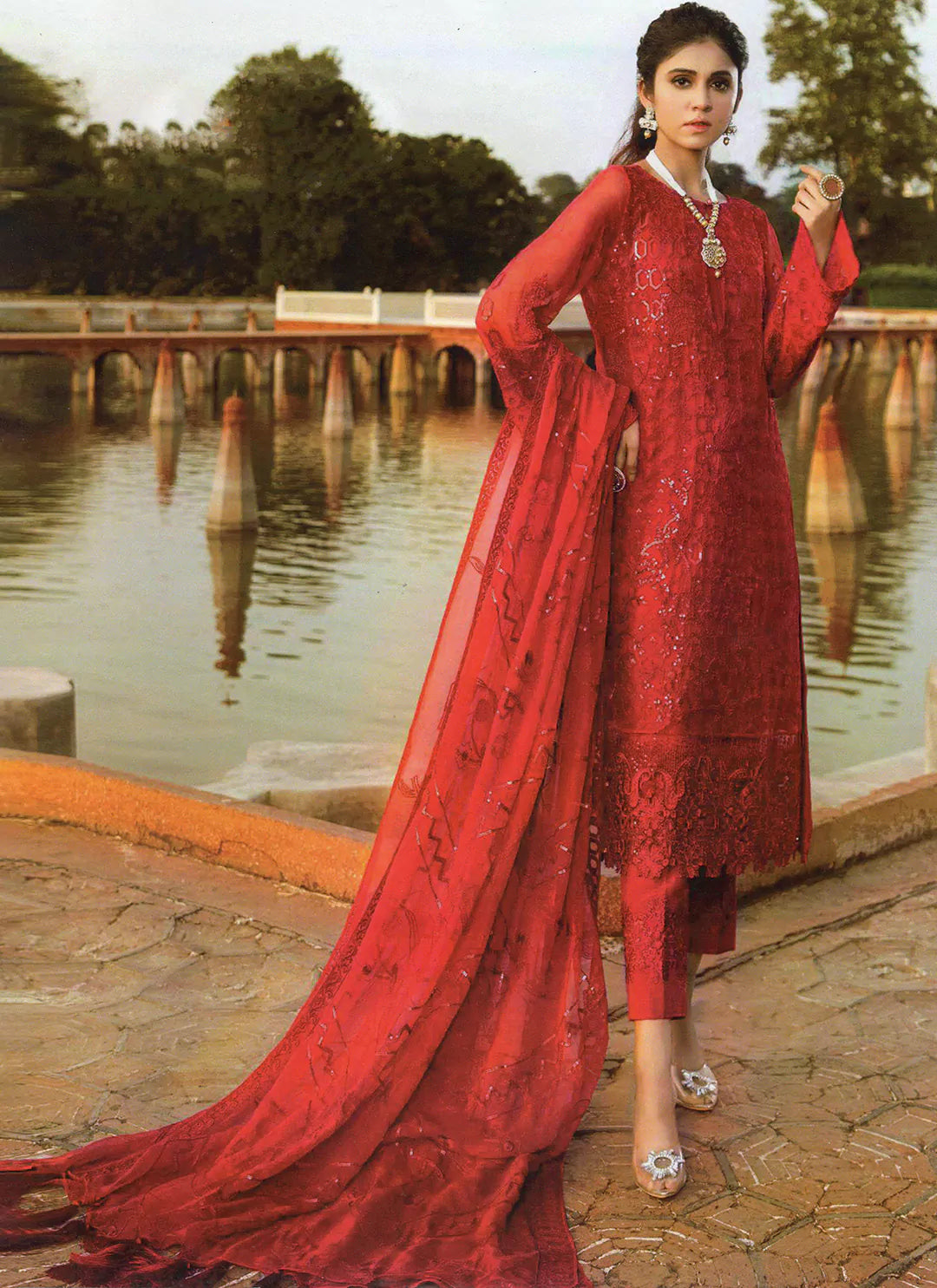 Red Designer Semi Stitched Suit treevesto