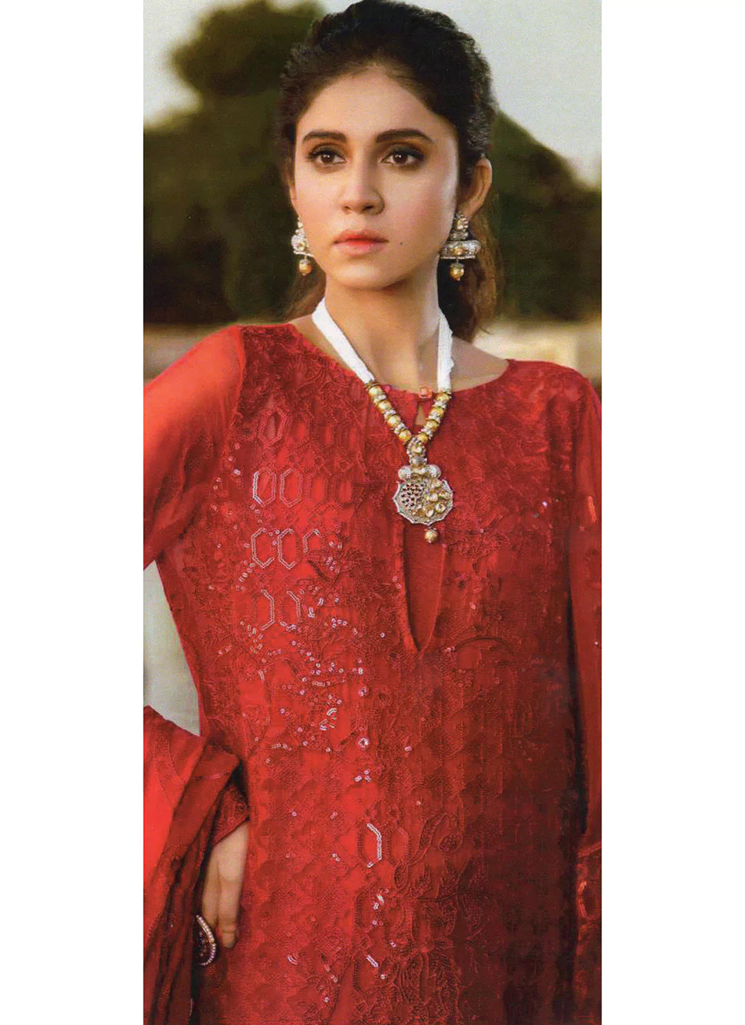 Red Designer Semi Stitched Suit treevesto