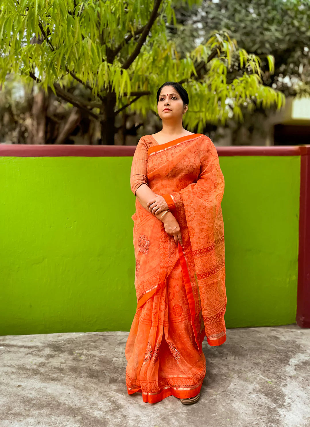 Embroidered Salmon Orange Kota Saree - TREEVESTO
