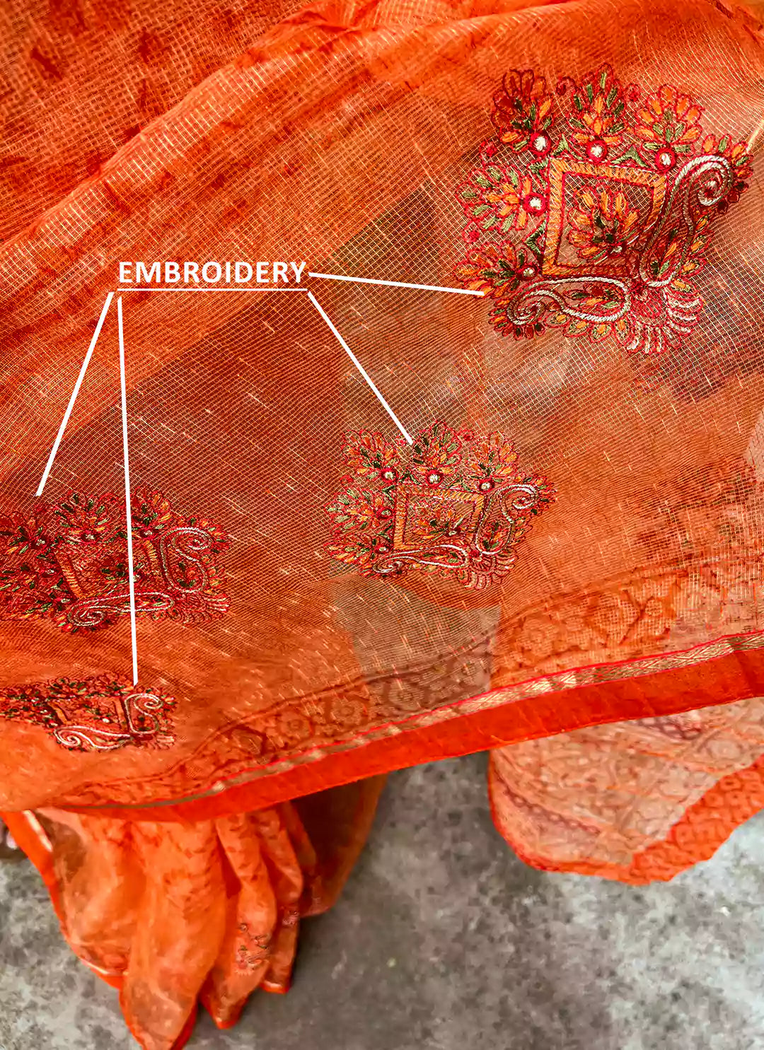 Embroidered Salmon Orange Kota Saree - TREEVESTO
