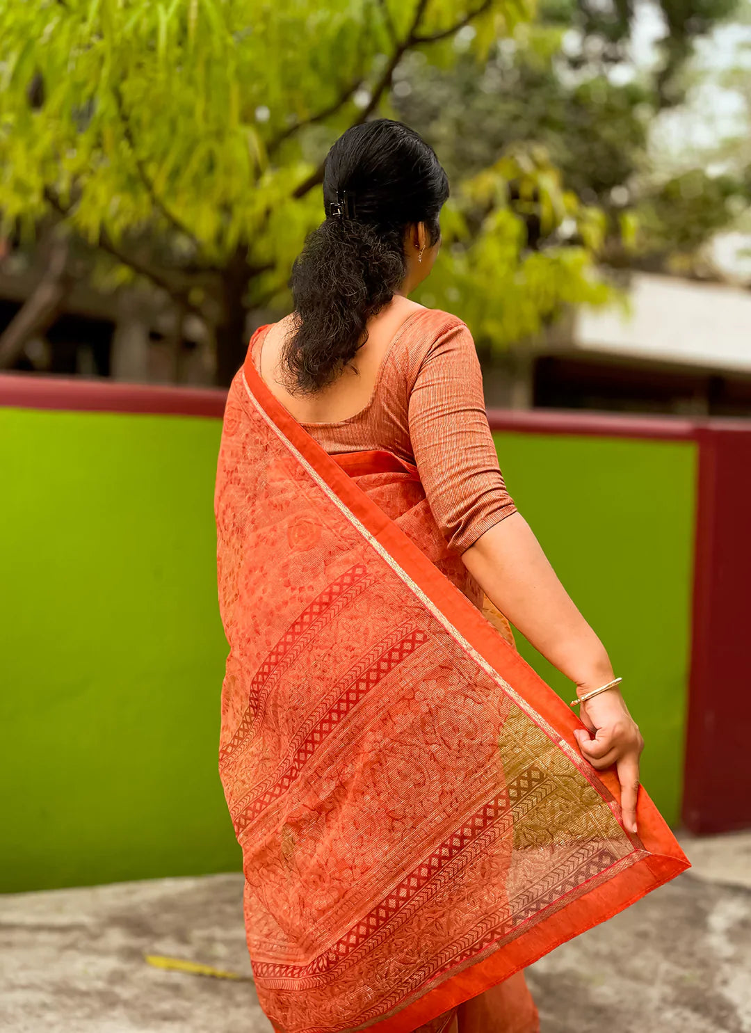 Embroidered Salmon Orange Kota Saree - TREEVESTO