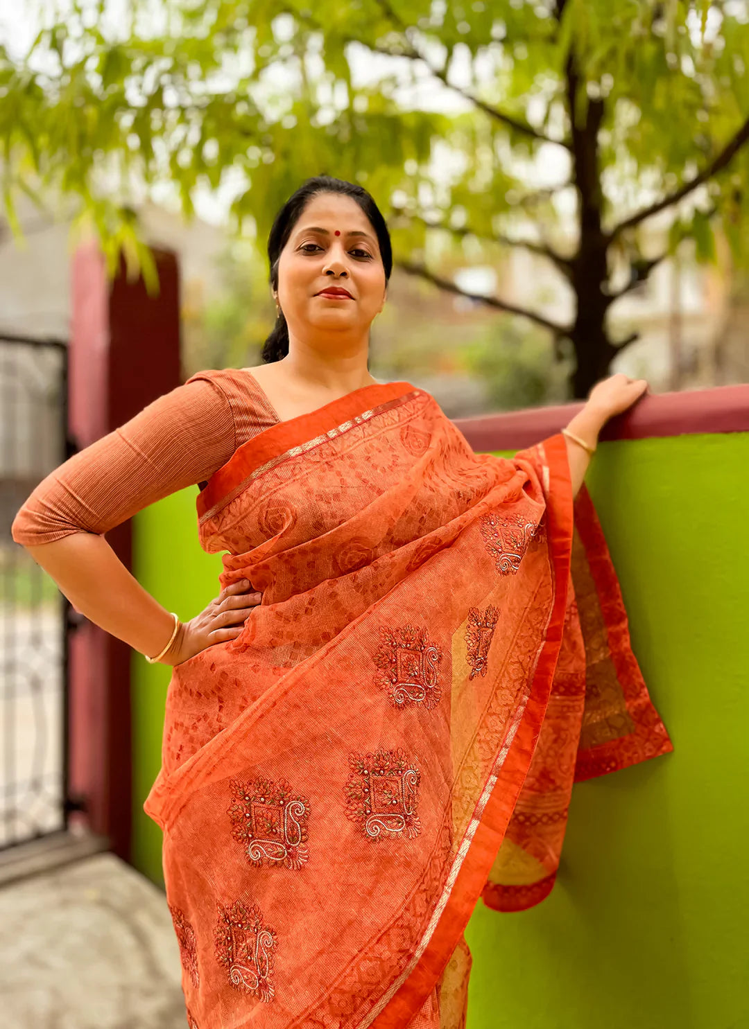 Embroidered Salmon Orange Kota Saree - TREEVESTO